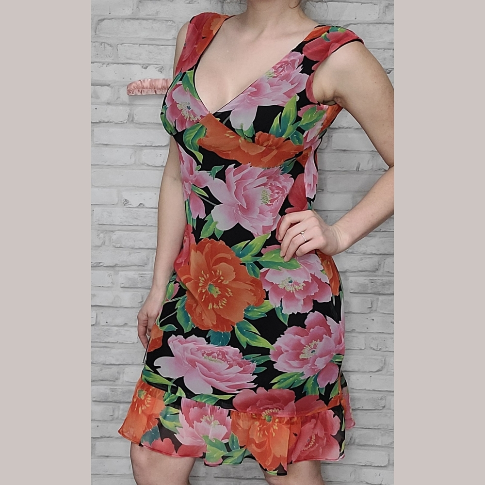 Mica Orange Pink Floral Sheath Knee Length Sun Dress